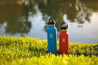 蓝色和红色运动瓶绿色草地上附近的水域在白天
